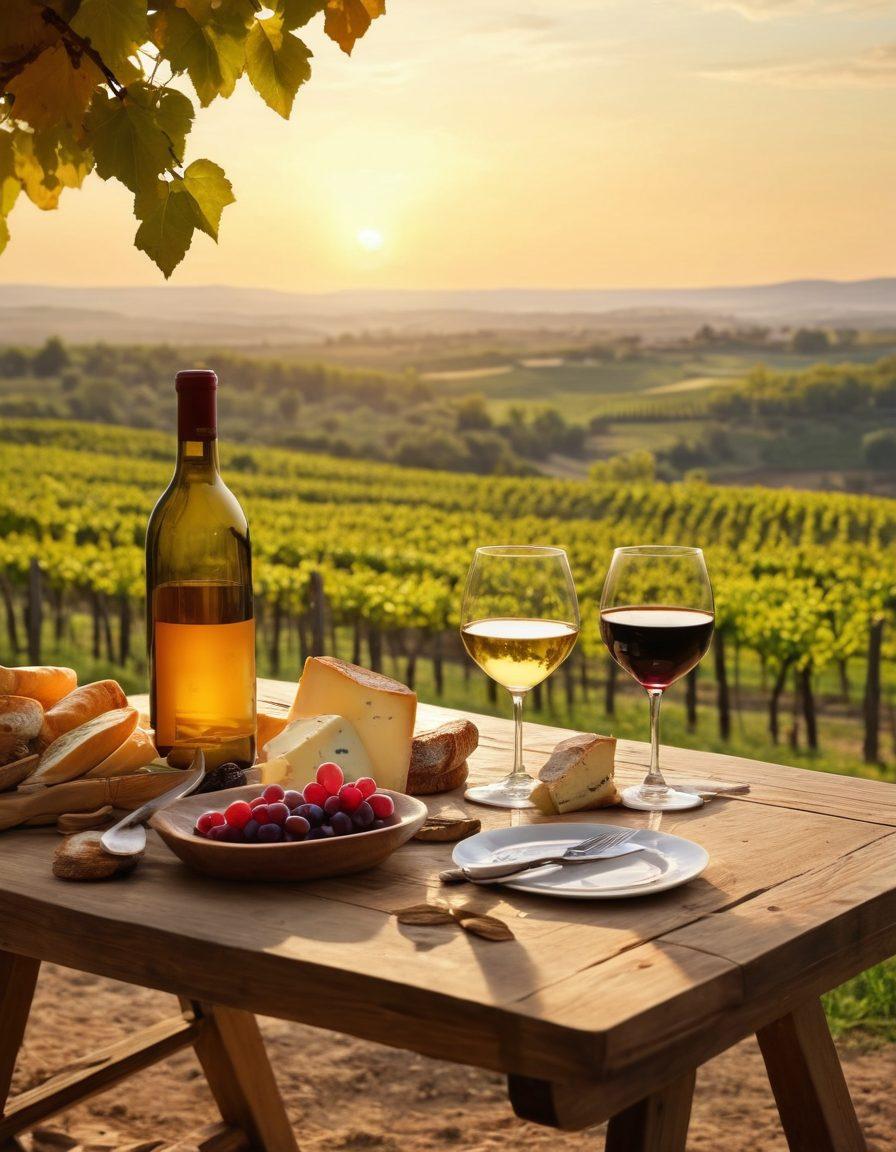 A beautiful rustic French vineyard in the background under a golden sunset, with a wooden table set elegantly featuring various French wines in beautiful glasses, paired with gourmet cheeses and fresh baguettes. Include a sommelier contemplating a wine, with lush grapevines and rolling hills all around. Captivating and inviting atmosphere. super-realistic. vibrant colors.