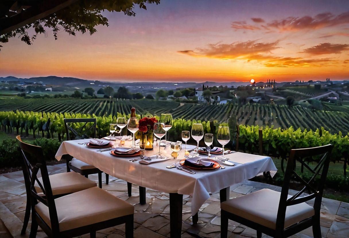 A beautifully set dining table adorned with elegant French cuisine, showcasing gourmet dishes paired with exquisite French wines in crystal glasses. Ambient candlelight casts a warm glow, with a backdrop of lush vineyards under a sunset sky. Delicate wine bottles are artistically arranged around the table, inviting viewers to indulge in a luxurious dining experience. super-realistic. vibrant colors. romantic ambiance.