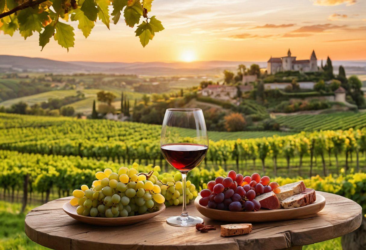 A vineyard landscape under a golden sunset, with clusters of ripe grapes hanging from lush green vines. In the foreground, an elegant wine glass partially filled with deep red wine, reflecting the warm colors of the sunset. The background features rolling hills dotted with ancient French châteaux, and a wine tasting setup with artisanal cheese and charcuterie. The scene evokes sophistication and tranquility. vibrant colors. super-realistic.